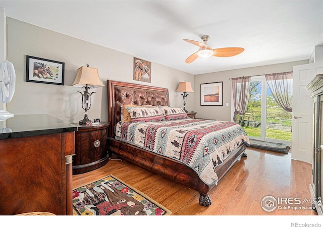 3412 Erving Ct, Berthoud, CO 80513 - bedroom featuring access to exterior, wood finished floors, and ceiling fan