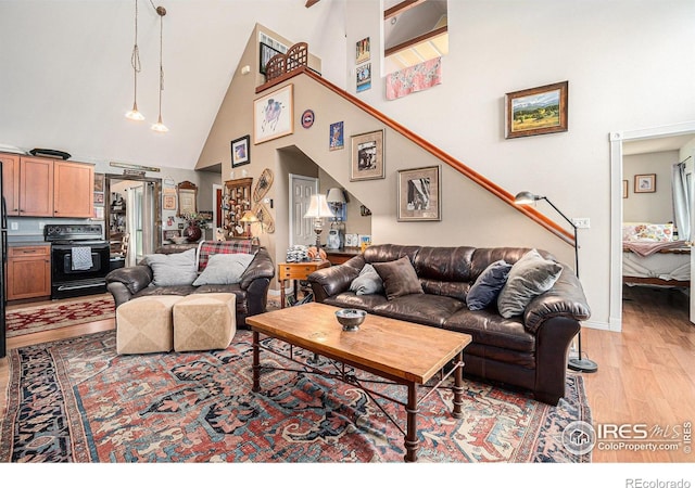 3412 Erving Ct, Berthoud, CO 80513 - living room with high vaulted ceiling and light wood-style flooring