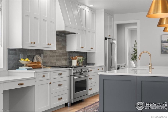 3256 S Corona St, Englewood, CO 80113 - kitchen with appliances with stainless steel finishes, custom range hood, light countertops, and tasteful backsplash