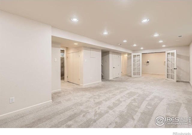 630 S 45th St, Boulder, CO 80305 - finished basement with baseboards, recessed lighting, light colored carpet, and french doors