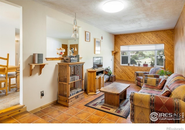 1542 Kilkenny St, Boulder, CO 80303 - tiled living area featuring wood walls and a textured ceiling