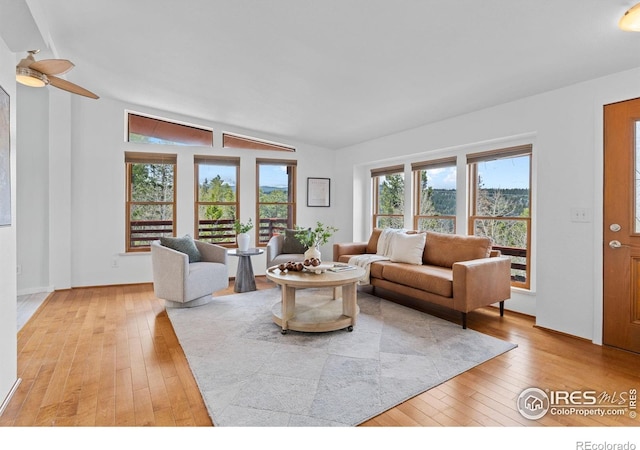 880 Hummer Dr, Nederland, CO 80466 - living room with light wood-style floors, a ceiling fan, and lofted ceiling