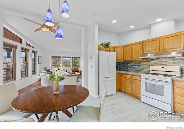 880 Hummer Dr, Nederland, CO 80466 - kitchen featuring white appliances, under cabinet range hood, tasteful backsplash, light countertops, and a ceiling fan