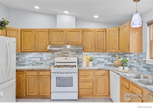 880 Hummer Dr, Nederland, CO 80466 - kitchen featuring white appliances, under cabinet range hood, vaulted ceiling, hanging light fixtures, and decorative backsplash
