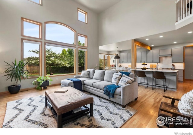 5751 Round Rock Ct, Fort Collins, CO 80528 - living area featuring a towering ceiling, light wood-type flooring, and baseboards