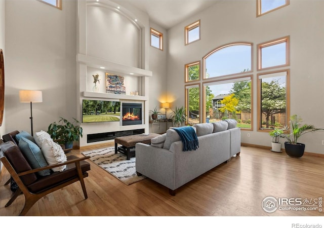 5751 Round Rock Ct, Fort Collins, CO 80528 - living room featuring a high ceiling, wood finished floors, a glass covered fireplace, and baseboards