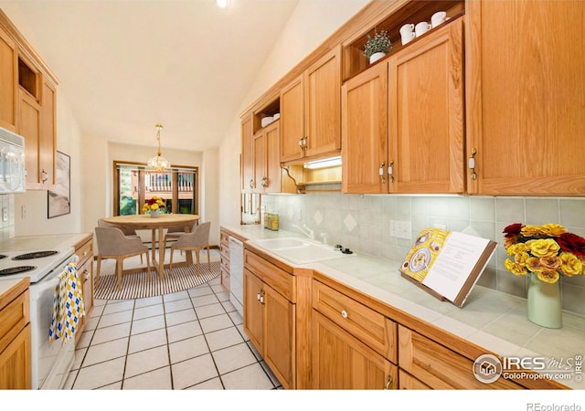 683 Cedar Ridge Cir, Estes Park, CO 80517 - kitchen with white appliances, tile counters, open shelves, a sink, and decorative backsplash