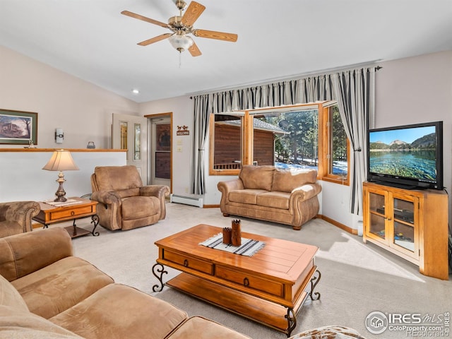 3807 Dollar Lake Dr, Estes Park, CO 80517 - carpeted living room with baseboard heating, a ceiling fan, baseboards, and lofted ceiling