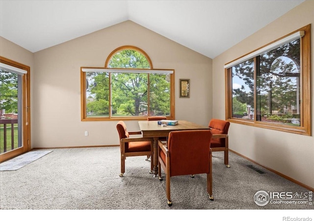 1528 16th Pl, Longmont, CO 80501 - carpeted dining area with healthy amount of natural light, baseboards, and lofted ceiling