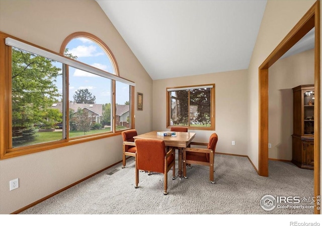 1528 16th Pl, Longmont, CO 80501 - dining space featuring vaulted ceiling, baseboards, and light carpet