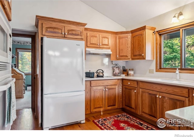 216 N Gold Flake, Breckenridge, CO 80424 - kitchen featuring freestanding refrigerator, under cabinet range hood, light wood-style flooring, a sink, and vaulted ceiling