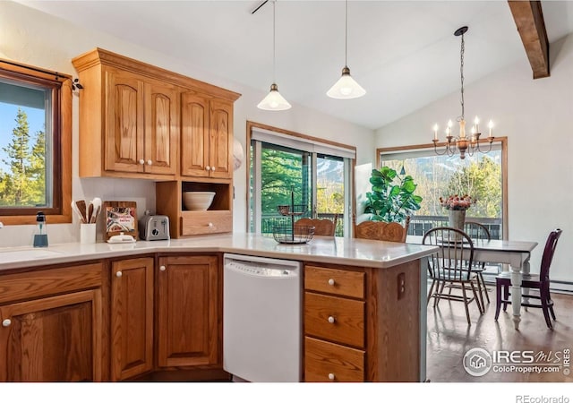 216 N Gold Flake, Breckenridge, CO 80424 - kitchen featuring white dishwasher, vaulted ceiling, a peninsula, brown cabinets, and light countertops