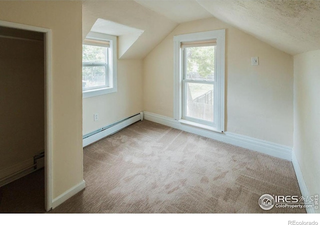 1155 Monroe Ave, Loveland, CO 80537 - additional living space featuring carpet floors, a baseboard radiator, vaulted ceiling, and healthy amount of natural light
