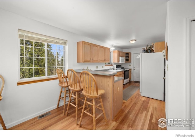 266 Gap Rd, Black Hawk, CO 80422 - kitchen featuring white appliances, a peninsula, light wood-style floors, and glass insert cabinets