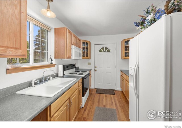 266 Gap Rd, Black Hawk, CO 80422 - kitchen featuring white appliances, a sink, light wood-style floors, and glass insert cabinets