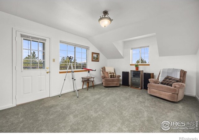 266 Gap Rd, Black Hawk, CO 80422 - sitting room with healthy amount of natural light, carpet, vaulted ceiling, and baseboards