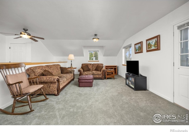 266 Gap Rd, Black Hawk, CO 80422 - carpeted living room with vaulted ceiling, ceiling fan, and baseboards