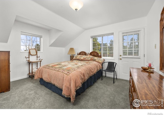 266 Gap Rd, Black Hawk, CO 80422 - bedroom with carpet floors, multiple windows, lofted ceiling, and baseboards