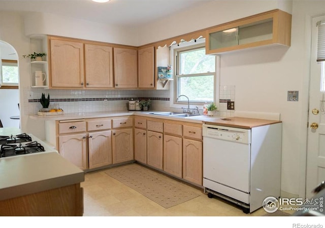 508 W 11th St, Loveland, CO 80537 - kitchen with white appliances, a sink, open shelves, decorative backsplash, and light brown cabinetry