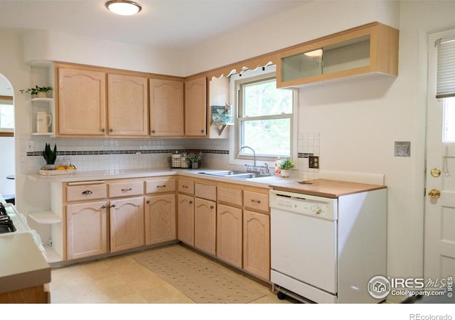 508 W 11th St, Loveland, CO 80537 - kitchen featuring dishwasher, open shelves, a sink, decorative backsplash, and light brown cabinets