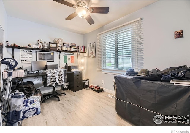 3245 W Walsh Pl, Denver, CO 80219 - office with a ceiling fan, wood finished floors, and baseboards