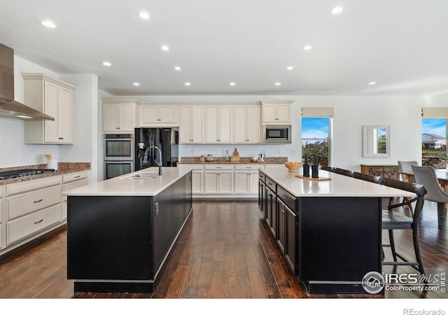 6614 Neota Creek Ct, Timnath, CO 80547 - kitchen featuring an island with sink, stainless steel appliances, a sink, light countertops, and wall chimney exhaust hood