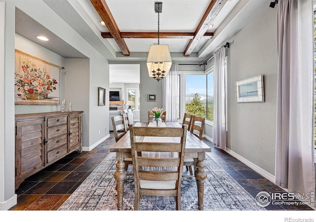 290 Skyhill Dr, Evergreen, CO 80439 - dining area with stone tile flooring, beamed ceiling, baseboards, a chandelier, and recessed lighting