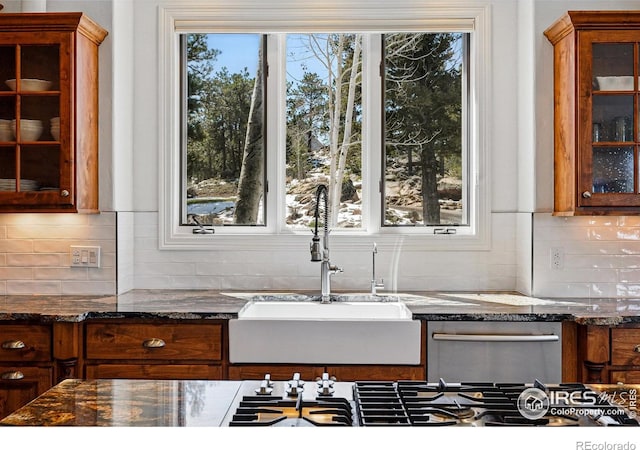 290 Skyhill Dr, Evergreen, CO 80439 - kitchen with a sink, glass insert cabinets, brown cabinets, stainless steel appliances, and plenty of natural light