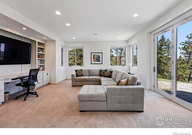 290 Skyhill Dr, Evergreen, CO 80439 - living area featuring light colored carpet, recessed lighting, an office area, baseboards, and built in features