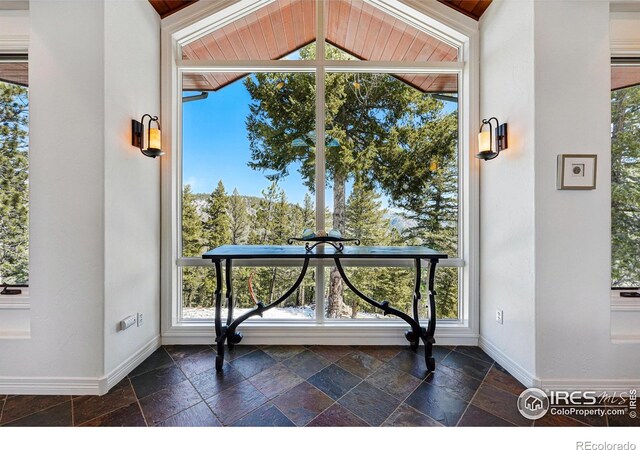 290 Skyhill Dr, Evergreen, CO 80439 - entryway with baseboards, stone tile floors, plenty of natural light, and vaulted ceiling