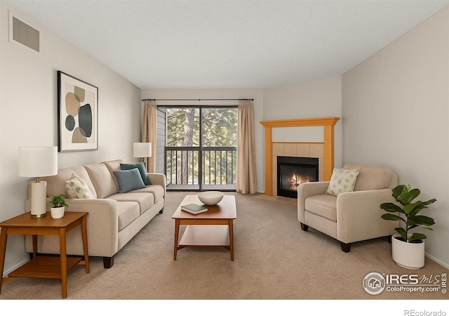 316 Wright St Unit 203, Lakewood, CO 80228 - carpeted living area with a tile fireplace