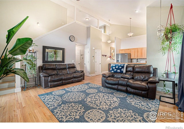 2502 Ballard Ln, Fort Collins, CO 80524 - living room featuring baseboards, wood finished floors, and high vaulted ceiling