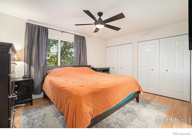 2502 Ballard Ln, Fort Collins, CO 80524 - bedroom featuring multiple closets, wood finished floors, and ceiling fan