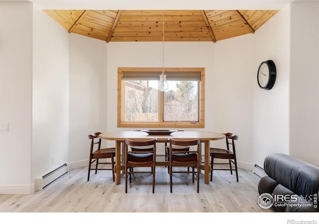 320 Elk Ln, Grand Lake, CO 80447 - dining space with wooden ceiling, a baseboard radiator, wood finished floors, baseboards, and lofted ceiling