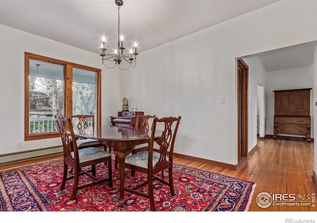 4157 19th St, Boulder, CO 80304 - dining room featuring a chandelier, baseboard heating, hardwood / wood-style flooring, and baseboards
