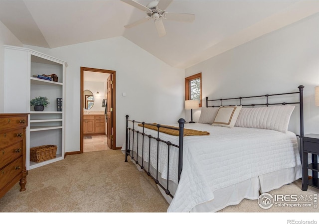 4157 19th St, Boulder, CO 80304 - carpeted bedroom with vaulted ceiling, ceiling fan, and ensuite bath