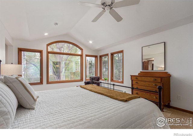 4157 19th St, Boulder, CO 80304 - bedroom featuring lofted ceiling, carpet, recessed lighting, ceiling fan, and baseboards