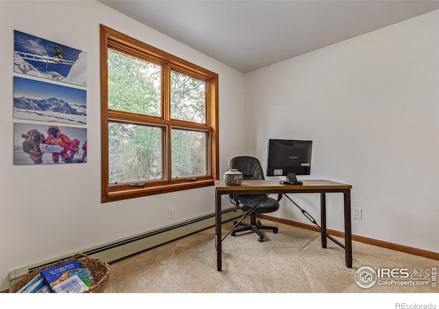 4157 19th St, Boulder, CO 80304 - office area featuring carpet, baseboards, and a baseboard heating unit