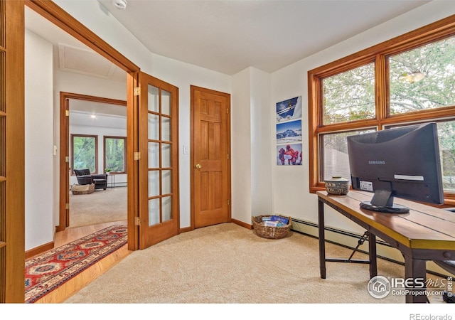 4157 19th St, Boulder, CO 80304 - office area featuring carpet flooring, a baseboard heating unit, and baseboards