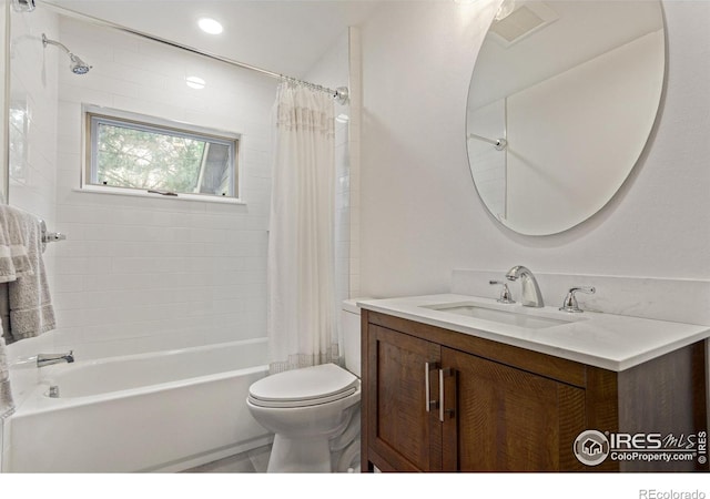 4157 19th St, Boulder, CO 80304 - bathroom with vanity, shower / bathtub combination with curtain, toilet, and recessed lighting