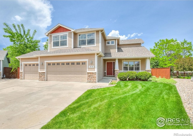 1414 Sheep Creek Ct, Fort Collins, CO 80526 - craftsman house with concrete driveway, stone siding, an attached garage, and a porch