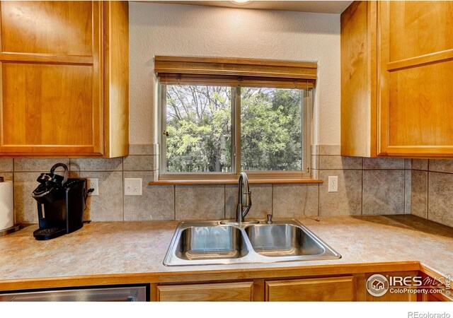 1414 Sheep Creek Ct, Fort Collins, CO 80526 - kitchen featuring a sink, light countertops, tasteful backsplash, and dishwasher