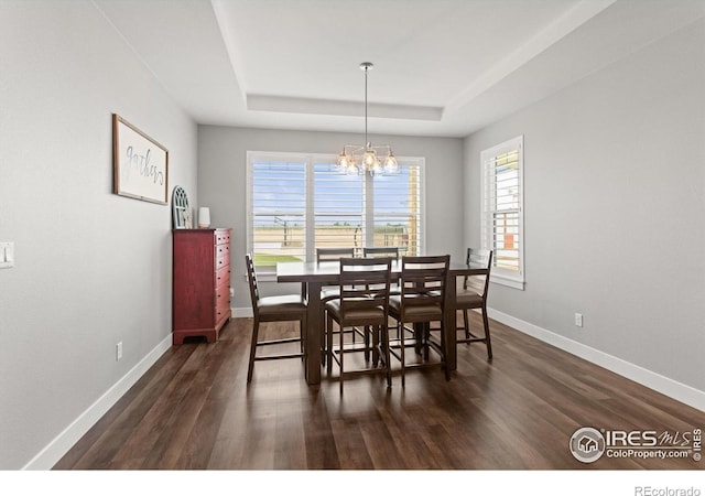 5031 Prairie Lark Ln, Severance, CO 80615 - dining area with a tray ceiling, a chandelier, dark wood-type flooring, and healthy amount of natural light