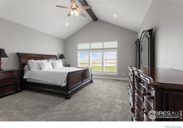5031 Prairie Lark Ln, Severance, CO 80615 - carpeted bedroom with beam ceiling, ceiling fan, recessed lighting, baseboards, and high vaulted ceiling
