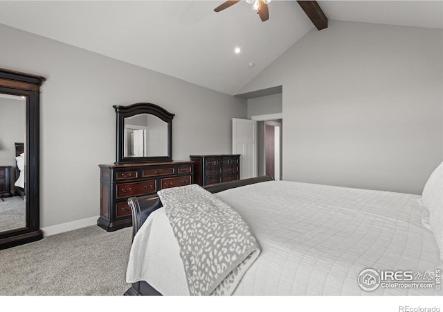 5031 Prairie Lark Ln, Severance, CO 80615 - carpeted bedroom with beamed ceiling, a ceiling fan, baseboards, high vaulted ceiling, and recessed lighting