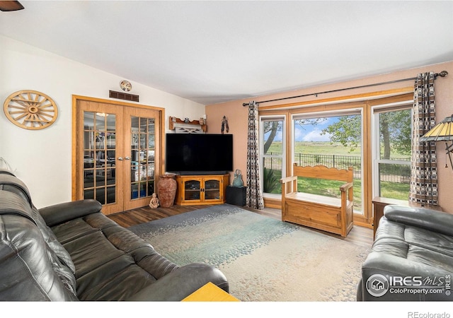 10635 County Road 24, Fort Lupton, CO 80621 - living room featuring french doors, wood finished floors, plenty of natural light, and vaulted ceiling