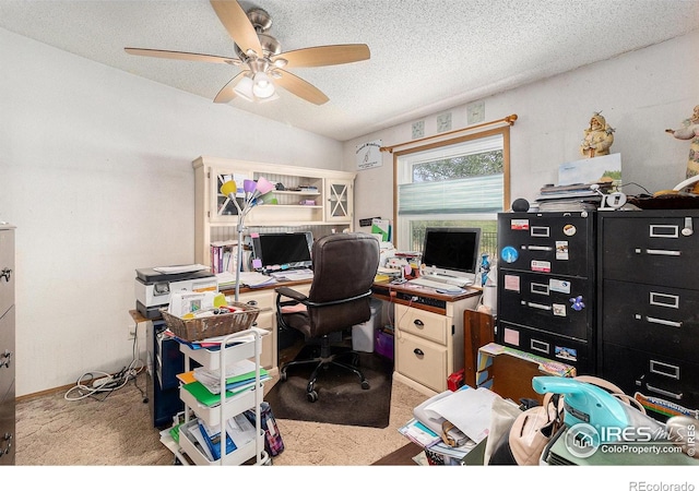 10635 County Road 24, Fort Lupton, CO 80621 - carpeted office space featuring a ceiling fan, a textured ceiling, and vaulted ceiling