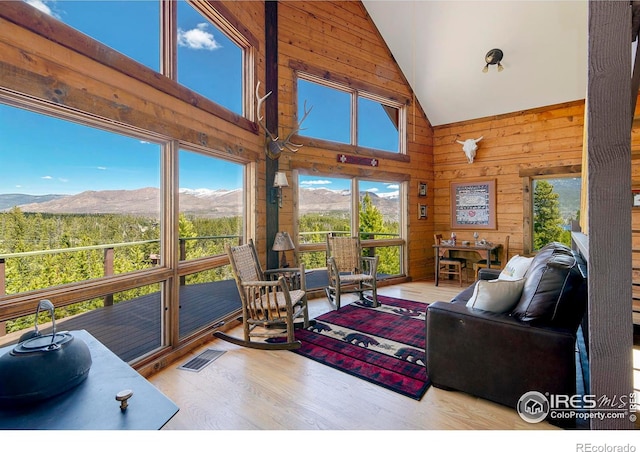 47 County Road 471, Grand Lake, CO 80447 - living area with a mountain view, high vaulted ceiling, wood walls, and wood finished floors