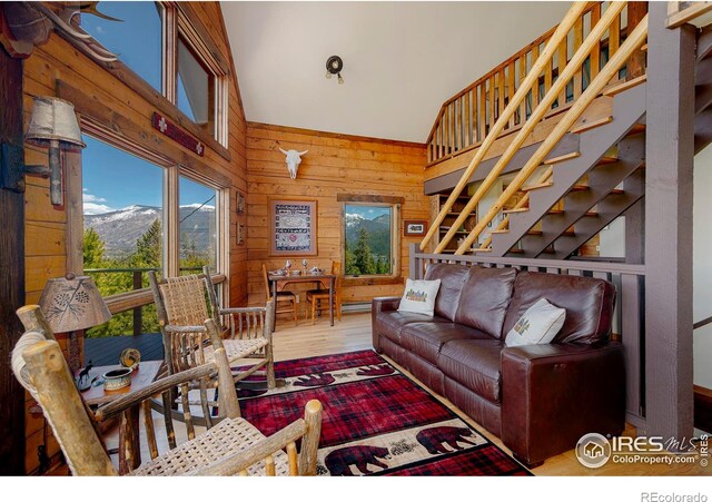 47 County Road 471, Grand Lake, CO 80447 - living room featuring wooden walls, wood finished floors, and a mountain view