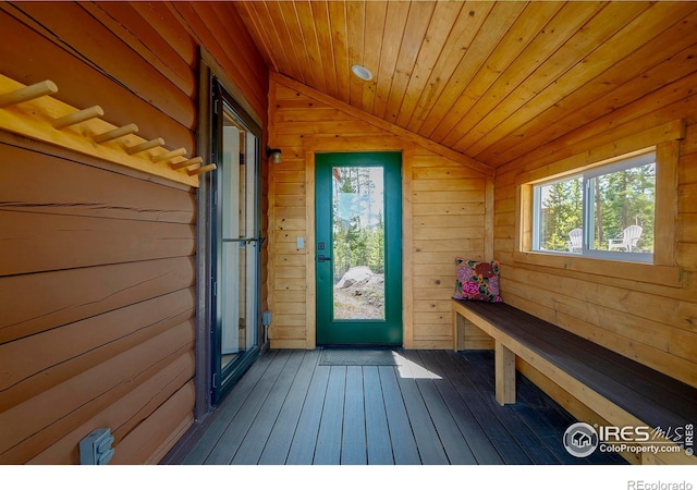 47 County Road 471, Grand Lake, CO 80447 - mudroom featuring vaulted ceiling, wood walls, wood ceiling, hardwood / wood-style flooring, and a sauna / steam room